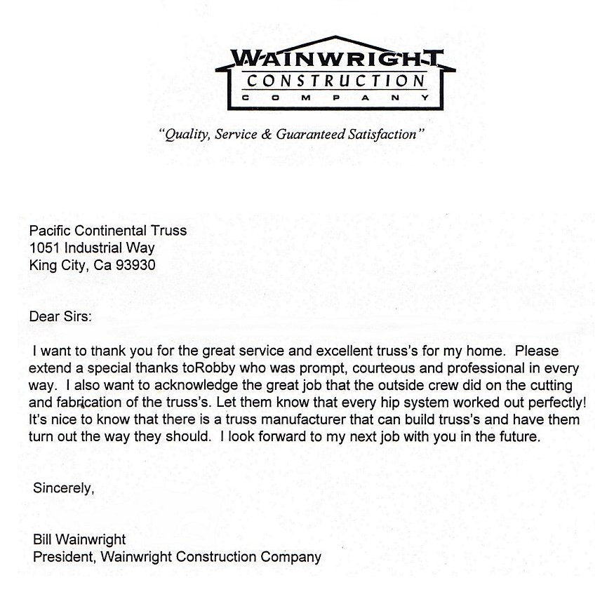 Letter from Bill Wainwright, Wainwright Construction Company